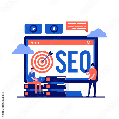 SEO technology concept with character. Strategy development of online advertising. Internet business promotion campaign. Modern flat style for landing page, mobile app, infographics, hero images