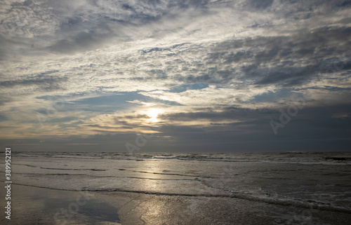 Sunset at beach. North sea coast. Julianadorp. Netherlands.