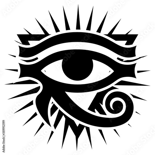 The Eye of Horus with rays of Sun. Ancient symbol pattern. Vector monochrome illustration. White background