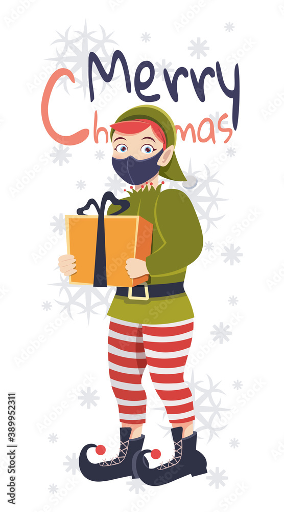 green elf guy in uniform holding gift box male cartoon character santa helper happy new year merry Christmas holidays celebration concept. Year background template. Merry Christmas and Happy New Year green elf guy in uniform holding gift box male cartoon character santa helper happy new year merry Christmas holidays celebration concept. Year background template. Merry Christmas and Happy New Year