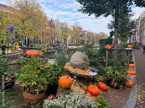 Photography Helloween pumpkin and squash decorations on the sidewalk next to the canal at Amsterdam city centre