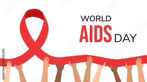 World AIDS Day. Hands of different nationalities hold a red ribbon. Landing page template concept. AIDS awareness design for posters, banners, t-shirts. Isolated vector illustration