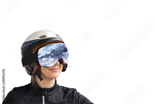 Portrait of a woman in a ski helmet and protective reflective goggles against the backdrop of beautiful winter mountains. Sports, recreation and winter sports © Olena Poberezhna