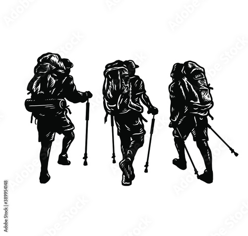 Set of people with backpack, hand drawn line art vector illustration