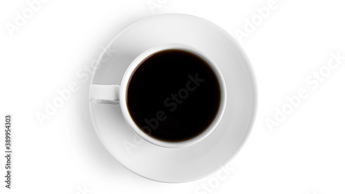 White cup with coffee on saucer on a white background. High quality photo