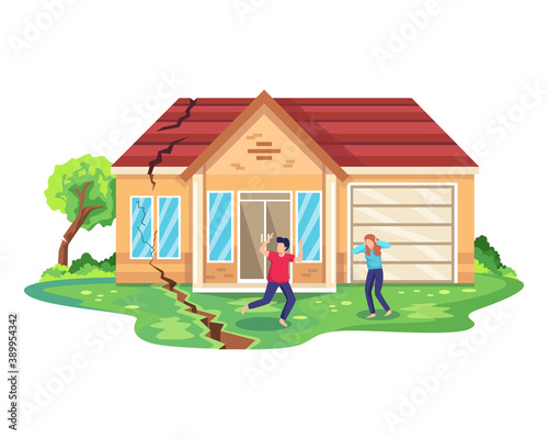 Earthquake disaster illustration. Running people escaping from breaking construction. Natural disaster or calamity, earthquake and destruction of house. Earthquake damage to house. Vector flat style