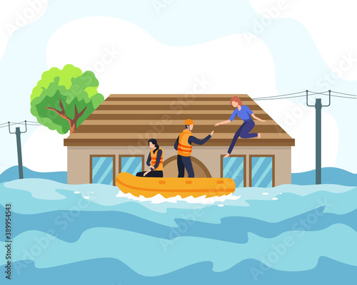Flood disaster illustration concept. Rescuer helped people by boat from sinking house and through flooded road. People saved from flooded area or town, natural disaster concept. Vector in a flat style
