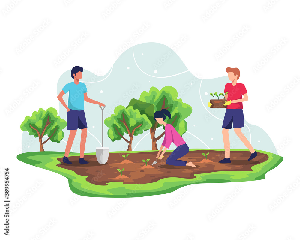 Forest reforestation concept. Planting trees and sustainable ecosystem, Environmental agriculture to save earth ecology. Nature care development for fresh and clean air. Vector in flat style