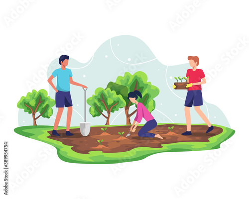 Forest reforestation concept. Planting trees and sustainable ecosystem, Environmental agriculture to save earth ecology. Nature care development for fresh and clean air. Vector in flat style