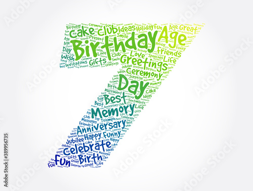 Photography Happy 7th birthday word cloud, holiday concept background