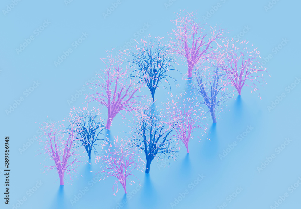 Alley of decorative pink and blue trees on blue background, 3d render