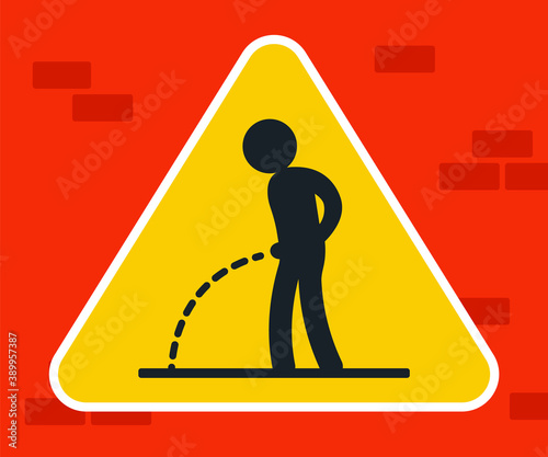 pissing boy icon in yellow triangle. flat vector illustration.