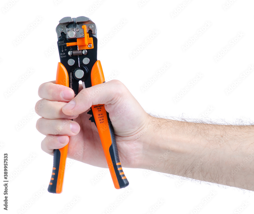 Wire cutter, insul crimper work tool in hand on white background