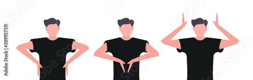 Men athletes in a T-shirt. Posing. Hands, torso, head. The character. Hands on the waist, hands up, hands clap their hands. Unique vector illustration. 