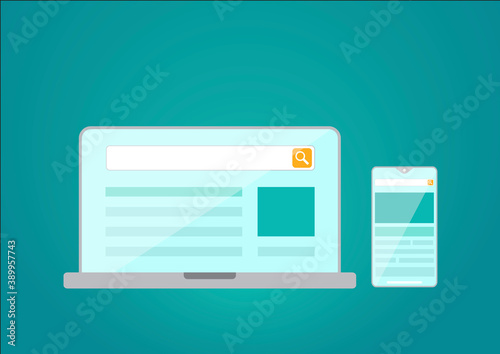 Laptop and smartphone with web browser and search engine on screen. Vector illustration