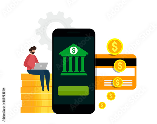 Mobile banking and finance management concept. Character using laptop for internet mobile payments. Vector illustration on white background.