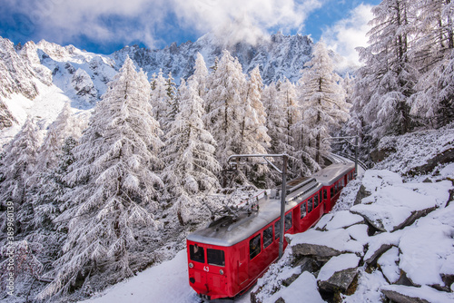 Autumn at Mer de Glace red train in Chamonix French Alps
