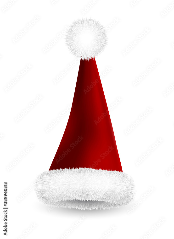 Realistic Red Santa Claus hat isolated on white background. Gradient mesh Santa Claus cap with fur. Vector illustration Realistic Red Santa Claus hat isolated on white background. Gradient mesh Santa Claus cap with fur. Vector illustration