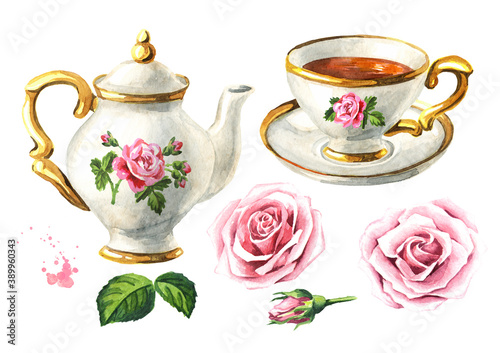 Teapot, cup of tea and rose flower set. Hand drawn watercolor illustration isolated on white background