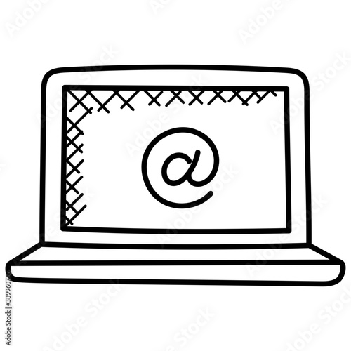 
Laptop screen with at sign, social media sign
