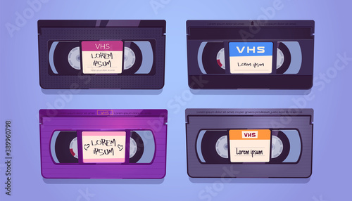 VHS cassettes, old tapes for video home system and VCR. Vector cartoon set of vintage casettes with blank label stickers. Retro videotape for record movie, media, tv and cinema