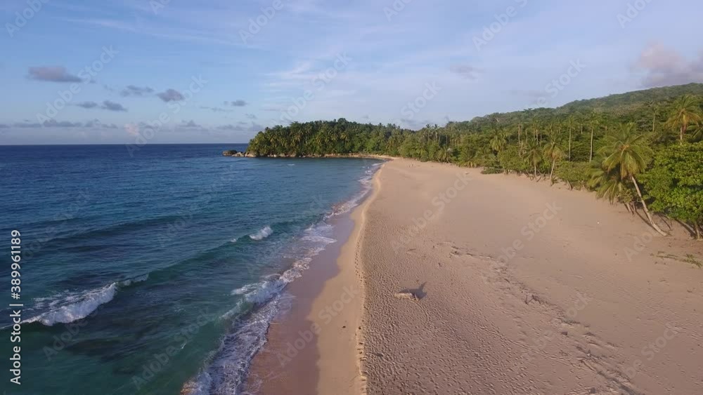 View from drone of Playa Grande beach, Dominican Republic. Aerial forward