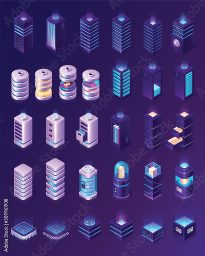 Isometric data center, server room equipment, hardware racks or web hosting infrastructure icons isolated on ultraviolet background, database storage technology, cloud computing services 3d vector set