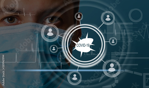 virtual illustration of covid. Doctor holding antiviral drugs  anti-viral drug against COVID-19 virus or coronavirus and modern virtual screen interface icons.