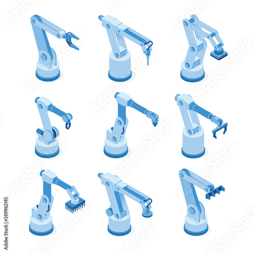 Robotic arms, machine hands on factory or plant. Industrial mechanic equipment, automatic manipulators on manufacturing production line. Vector isometric set of hydraulic robot arms