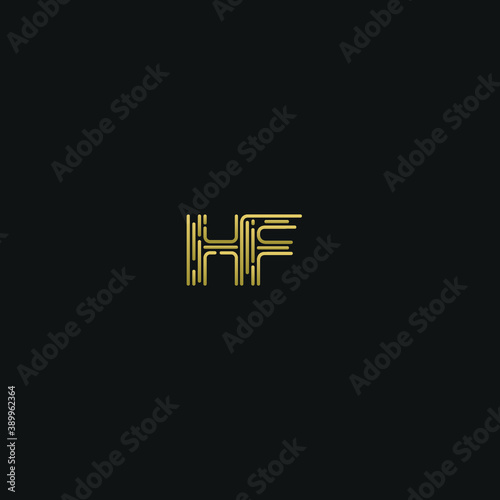 Creative modern geometric trendy unique artistic conjoined black and golden color HF FH H F initial based letter icon logo.