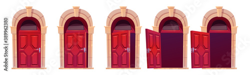 Cartoon door opening motion sequence animation. Close, slightly ajar and open wooden red doorways with stone arch and glass window. Home facade design element, entrance. Vector illustration, icons set
