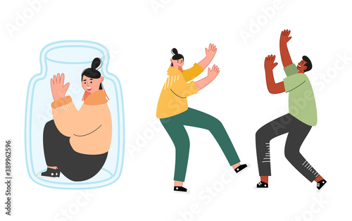 Introverted teenager girl alone, happy men and woman dancing. Introvert and extrovert. Relationship psychology. Vector illustration