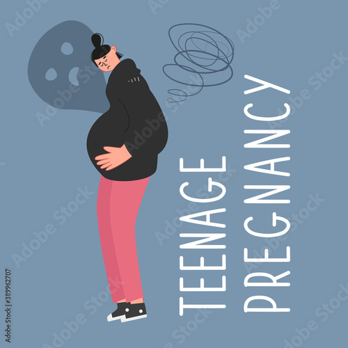 Sad pregnant teenage girl put her hands on her belly. Early, unwanted pregnancy of underage girls. Socio-psychological problem. Vector illustration