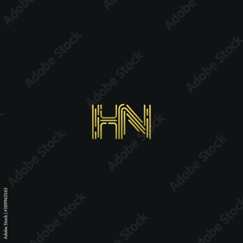 Creative modern geometric trendy unique artistic conjoined black and golden color HN NH H N initial based letter icon logo.