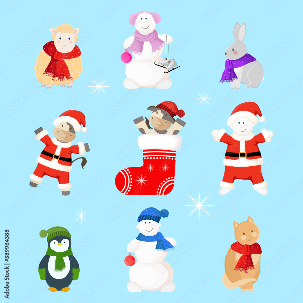 New year set with cute cartoon animals. Funny characters of bulls, snowmen, lamb, rabbit, cat and penguin on winter holidays season.