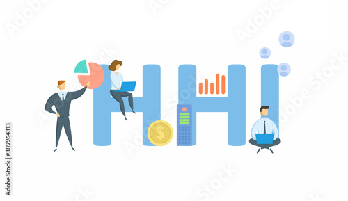 HHI, Herfindahl-Hirschman Index. Concept with keyword, people and icons. Flat vector illustration. Isolated on white background.
