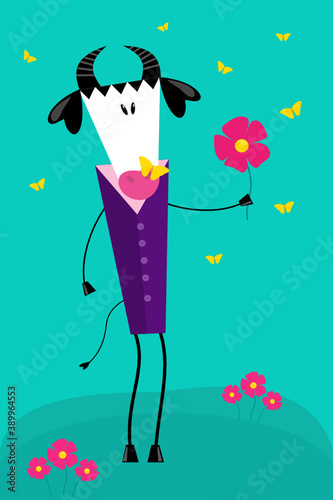 Cute vector illustration with cartoon trapezoid shaped black & white bull or ox - symbol of Chinese New Year 2021. Can be used for your calendar design