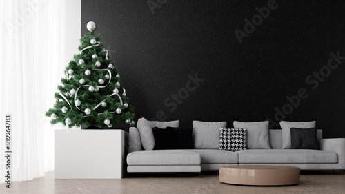 decorated christmas tree in bright living room with black empty mockup wall, 3D illustration background concept