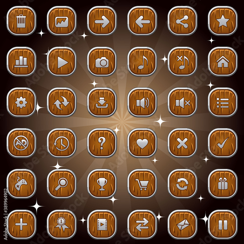 Wooden square buttons and symbol icons with silver frame isolatedset design for game or web. Vector illustration.