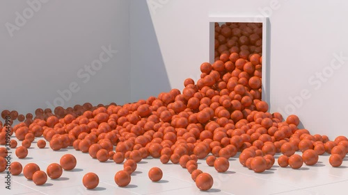 Orange glossy balls falling and rolling. White room, hard light. Abstract animation, 3d render.	