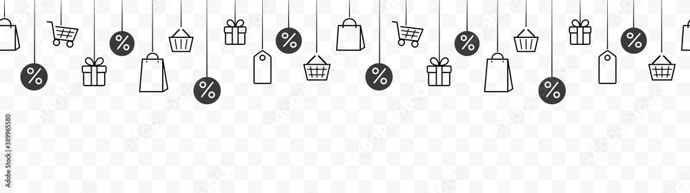 Black friday offer seamless banner or discount border with gift box, shop bags, price tags and present. Vector illustration sale banner isolated on transparent background - obrazy, fototapety, plakaty 