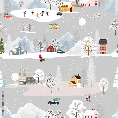 Seamless pattern Winter landscape in small town with people celebrating, Vector cute winter wonderland in the village with happy people playing ice skate in the park.