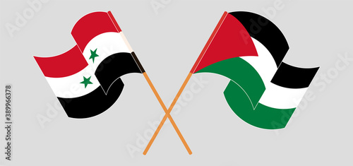 Crossed and waving flags of Palestine and Syria