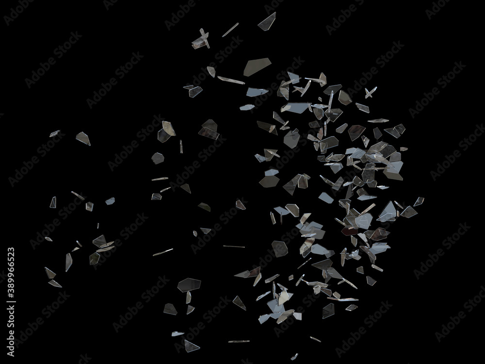 Shattered glass pieces flying through the air