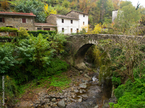 Italia, Toscana, Pelago, il borgo di Pagiano e fiume Vicano.