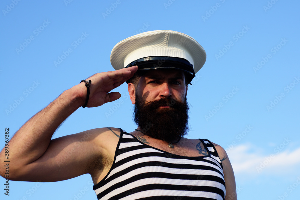 Funny captain sailor wearing hat. Seaman fun. Funny captain sailor wearing hat. Seaman fun.