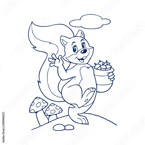 Printable coloring page outline of cute cartoon squirrel climbing on tree near the hollow.