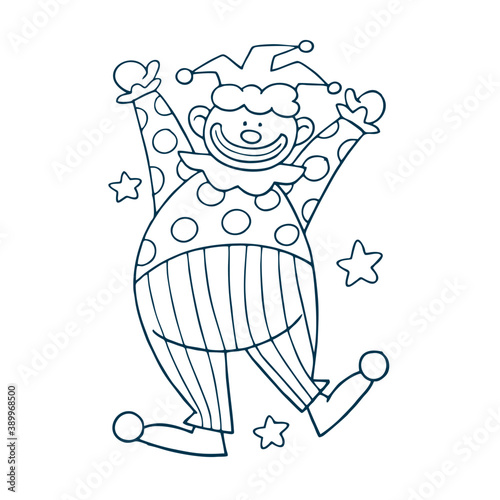 Coloring page with two little circus clowns performing