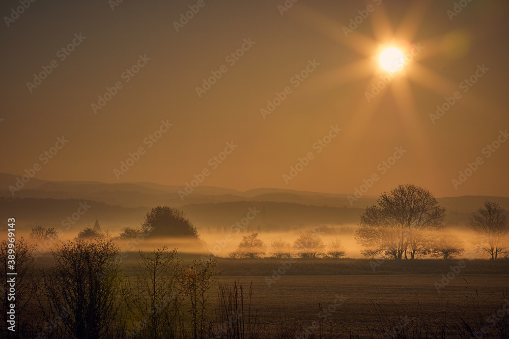 ground fog, lines of fog over the landscape, czech country, early spring,  winter, 