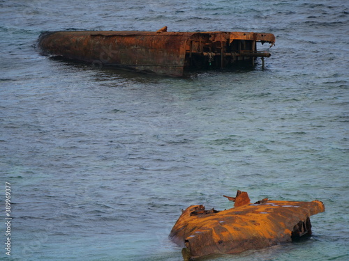 Okinawa,Japan-October 28, 2020: A broken stranded ship along Iguana Rock in Irabujima island, Okinawa 